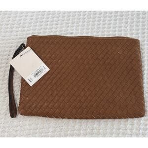 NWT | Lauren Conrad Woven Wristlet Faux Vegan Leather Saddle Tan Brown Clutch